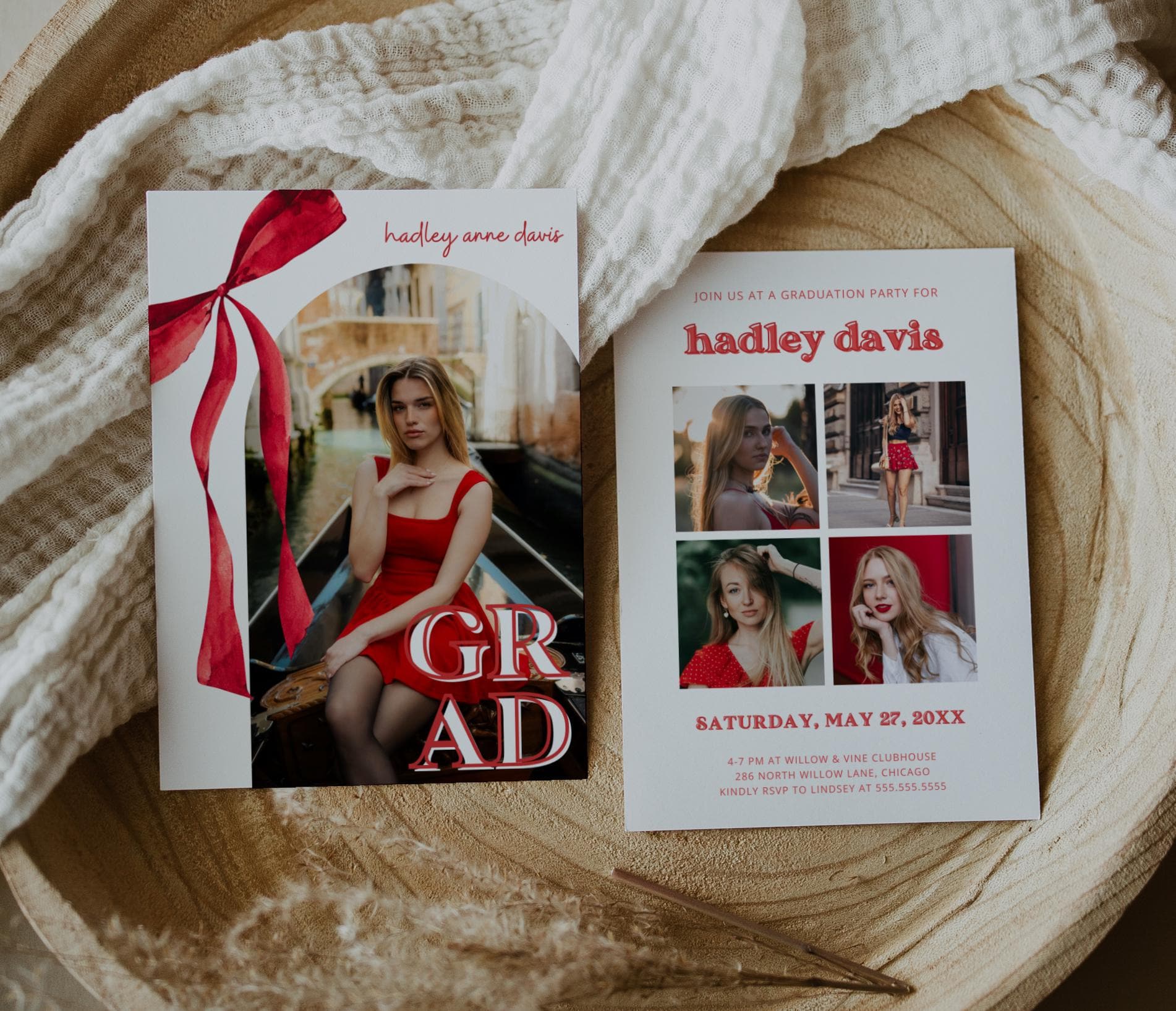 Red Bow Graduation Invitation, Canva Template, Editable Girly Grad Party Invite, Red Coquette Bow, Aesthetic Senior Announcement Photo