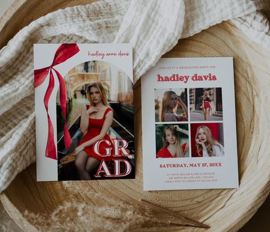 Red Bow Graduation Invitation, Canva Template, Editable Girly Grad Party Invite, Red Coquette Bow, Aesthetic Senior Announcement Photo