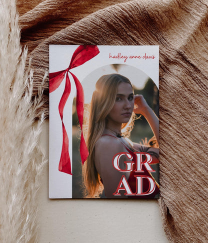 Red Bow Graduation Invitation, Canva Template, Editable Girly Grad Party Invite, Red Coquette Bow, Aesthetic Senior Announcement Photo
