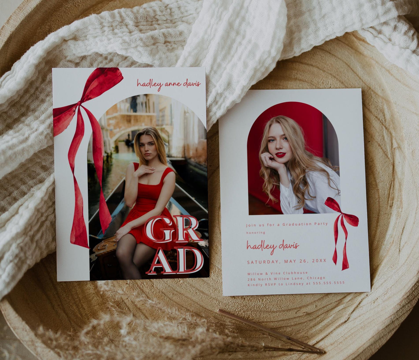 Red Bow Graduation Invitation, Canva Template, Editable Girly Grad Party Invite, Red Coquette Bow, Aesthetic Senior Announcement Photo