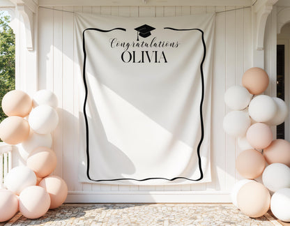 Personalized Graduation Party Backdrop | Minimalist Black and White Banner | Congratulations Photo Booth Sign | Grad Party Decor - ANY COLOR