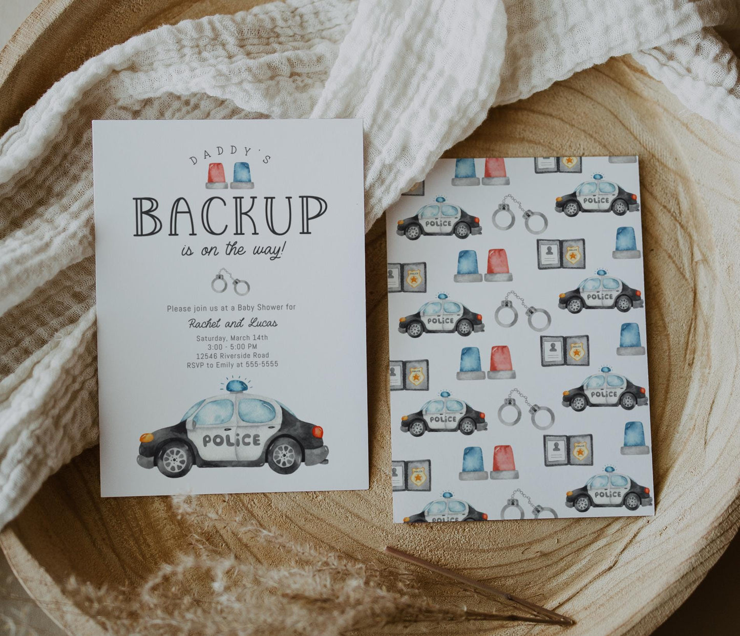 Police Baby Shower Invitation, Daddy's Backup, Couples Baby Sprinkle Invite, Editable Template