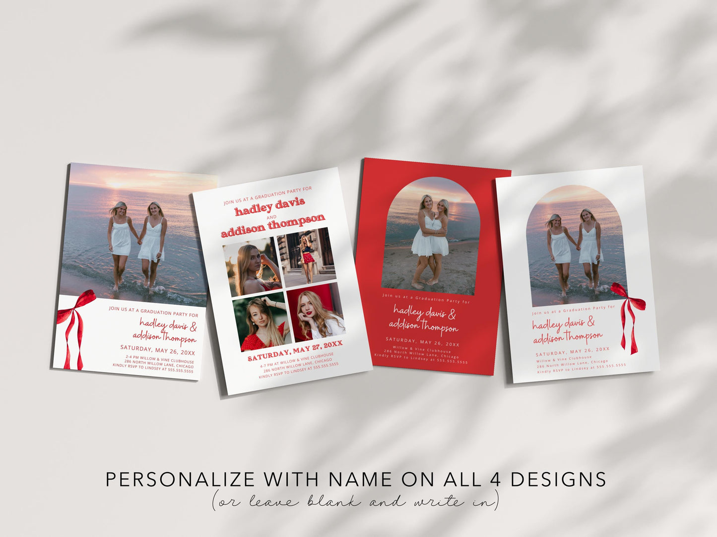 Joint Graduation Party Invitation Red Bow - Two Person Grad Party Invite - Sisters, Friends, CANVA Template | Girly Grad Photo Party Invite