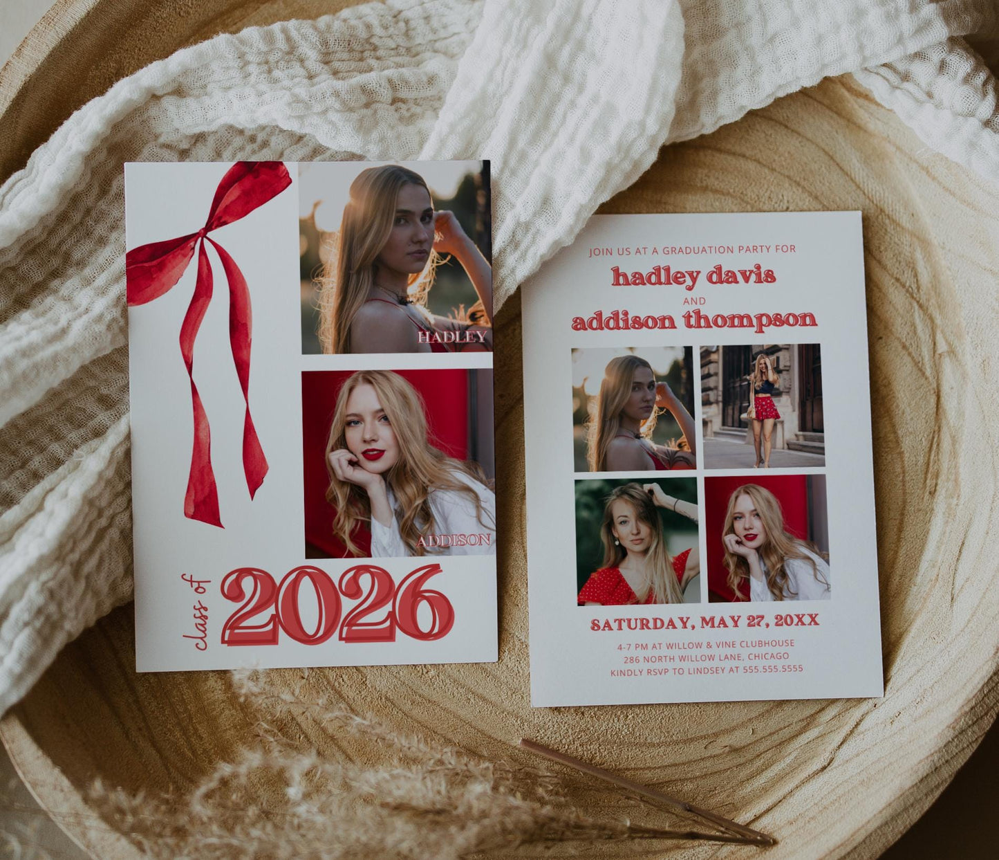 Joint Graduation Party Invitation Red Bow - Two Person Grad Party Invite - Sisters, Friends, CANVA Template | Girly Grad Photo Party Invite