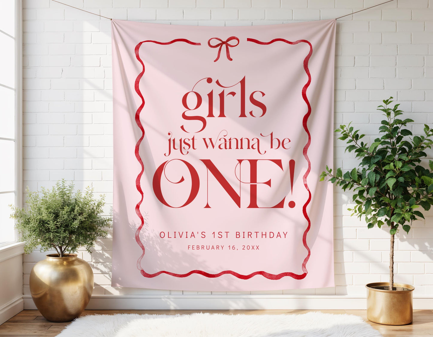 Girls Just Wanna Be ONE Backdrop, Pink Red Bow First Birthday Banner, Girl 1st Birthday Party Welcome Sign