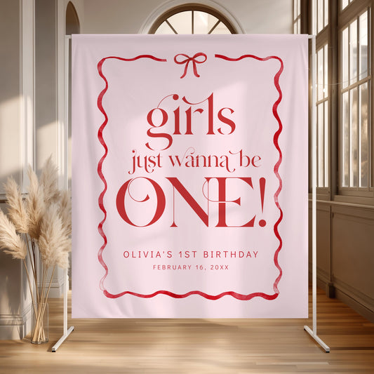 Girls Just Wanna Be ONE Backdrop, Pink Red Bow First Birthday Banner, Girl 1st Birthday Party Welcome Sign
