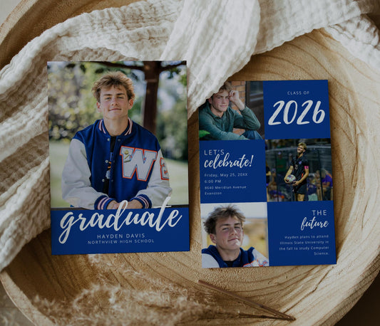 Modern graduation announcement template with customizable colors, featuring a senior boy in a letterman jacket and a multi-photo layout with Class of 2026 details.
