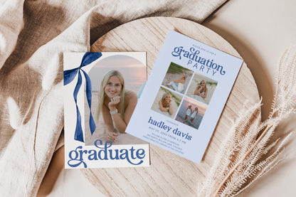 Blue Bow Graduation Invitation, Canva Template, Editable Girly Grad Party Invite, Coquette Bow, Aesthetic Senior Announcement Photo