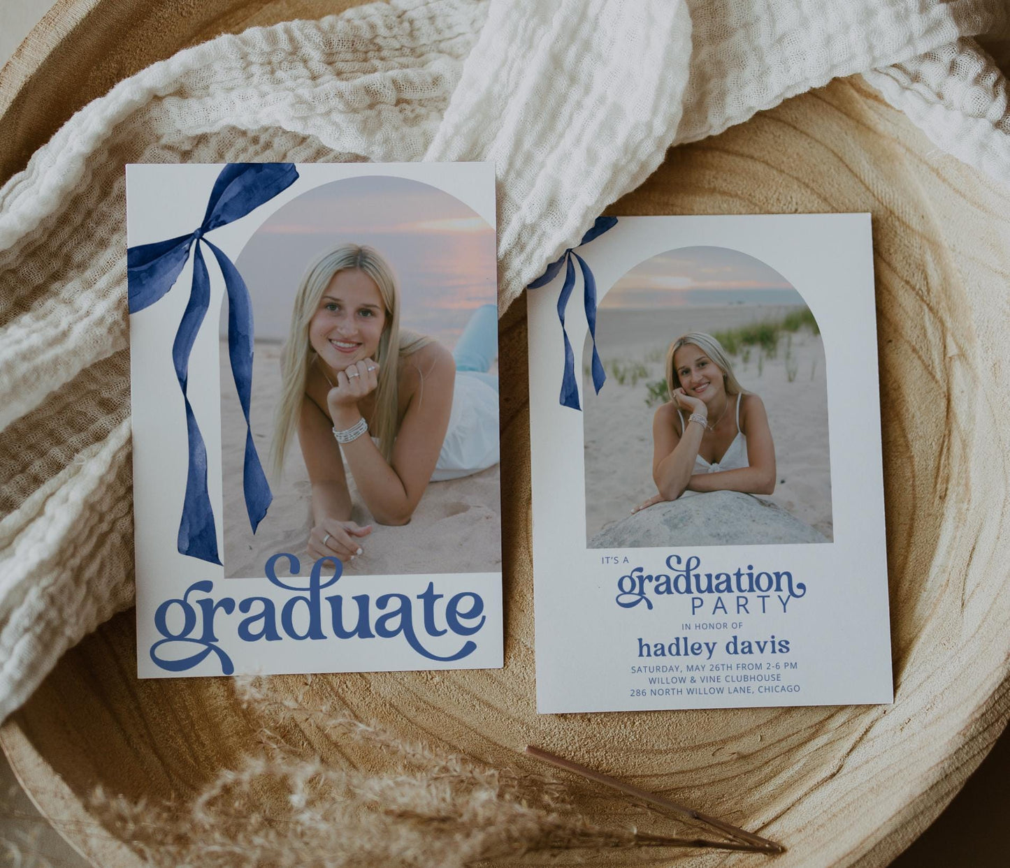 Blue Bow Graduation Invitation, Canva Template, Editable Girly Grad Party Invite, Coquette Bow, Aesthetic Senior Announcement Photo