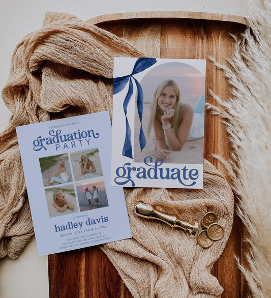 Blue Bow Graduation Invitation, Canva Template, Editable Girly Grad Party Invite, Coquette Bow, Aesthetic Senior Announcement Photo