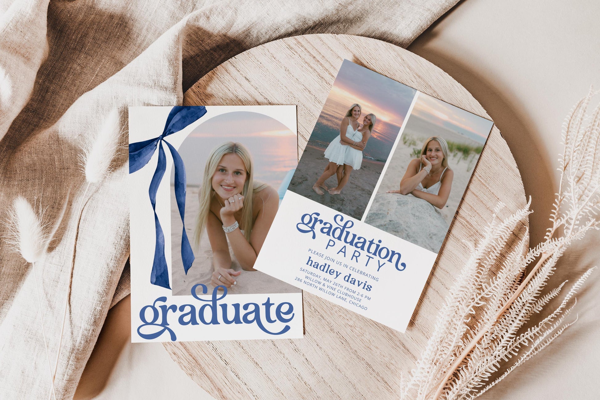 Blue Bow Graduation Invitation, Canva Template, Editable Girly Grad Party Invite, Coquette Bow, Aesthetic Senior Announcement Photo