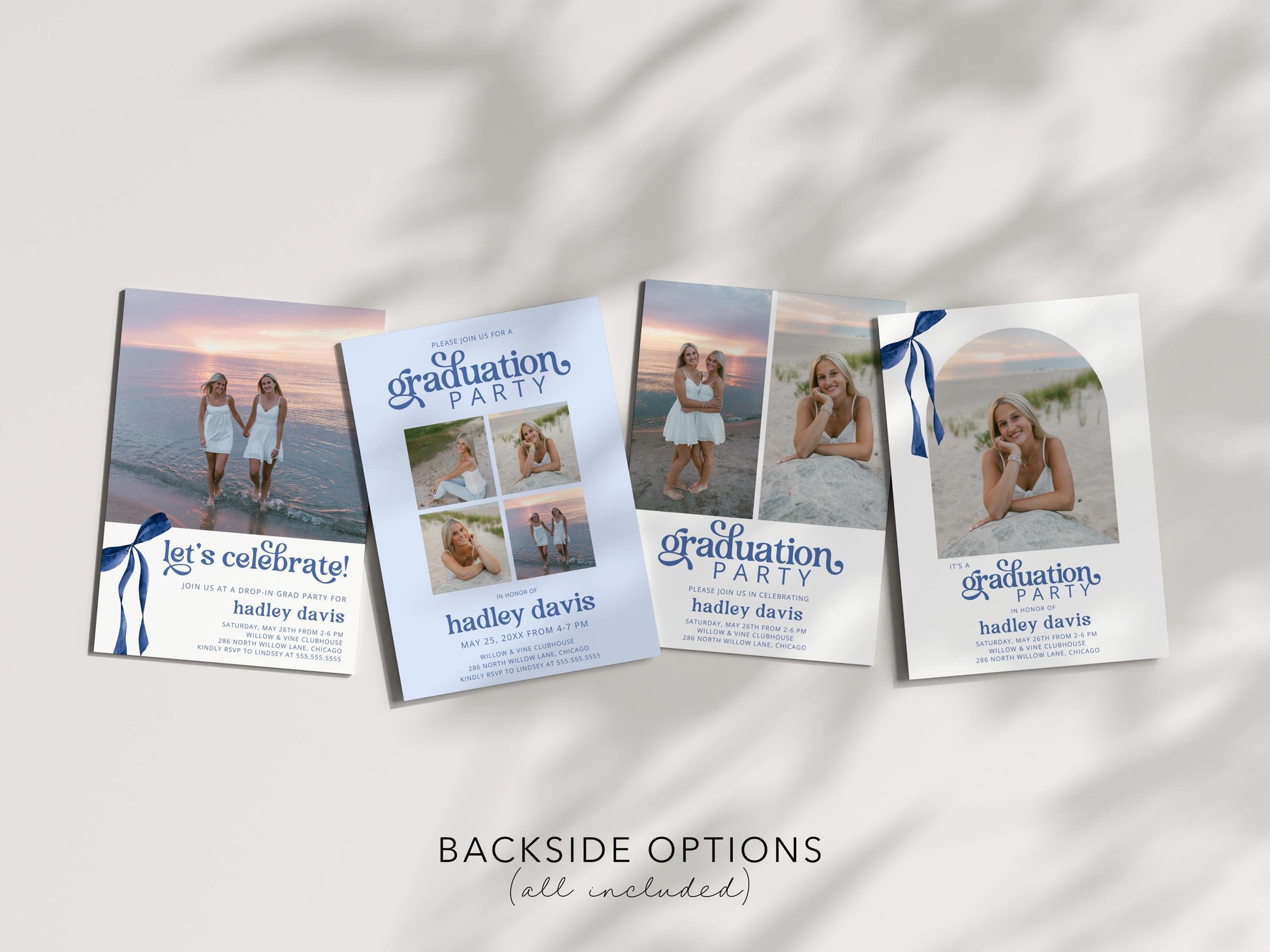 Blue Bow Graduation Invitation, Canva Template, Editable Girly Grad Party Invite, Coquette Bow, Aesthetic Senior Announcement Photo