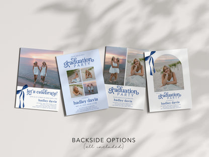 Blue Bow Graduation Invitation, Canva Template, Editable Girly Grad Party Invite, Coquette Bow, Aesthetic Senior Announcement Photo