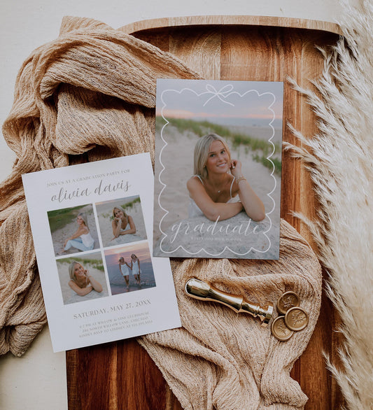 Editable Graduation Invitation Canva Template with Photo | Modern Bow Frame Grad Announcement Card Printable | Graduation Party Invite