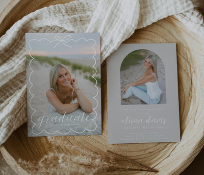 Editable Graduation Invitation Canva Template with Photo | Modern Bow Frame Grad Announcement Card Printable | Graduation Party Invite