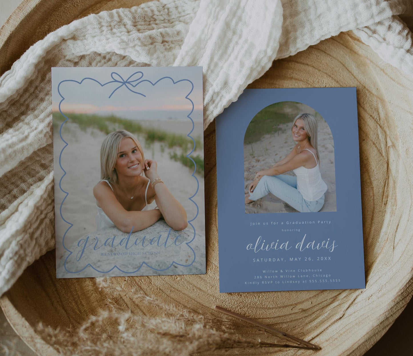 Editable Graduation Invitation Canva Template with Photo | Modern Bow Frame Grad Announcement Card Printable | Graduation Party Invite