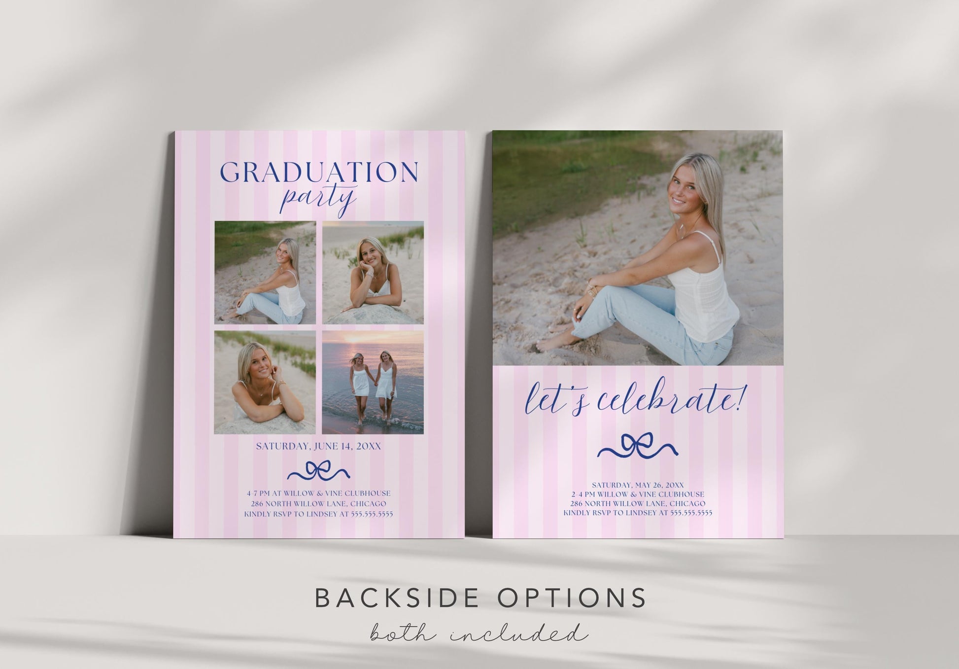 Pink Stripe Graduation Invitation Template with Photo | Navy Bow Graduation Party Invite | Preppy Grad Announcement | Canva Template