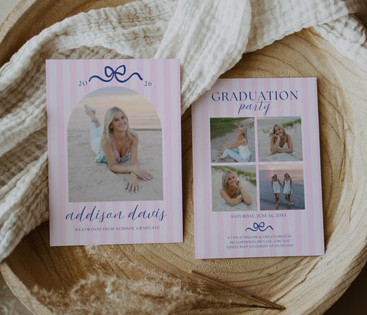 Pink striped graduation invitation template with navy bow accents, featuring a large senior portrait on the front and a four-photo collage graduation party invitation layout on the back.
