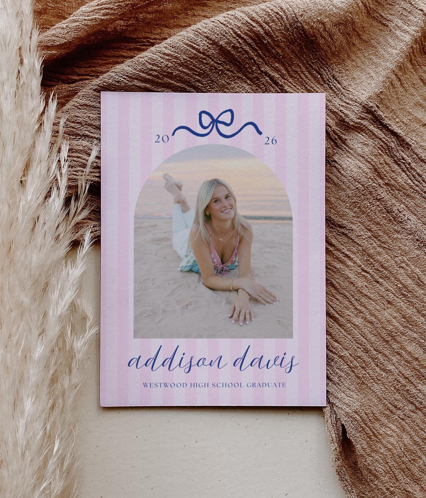 Pink Stripe Graduation Invitation Template with Photo | Navy Bow Graduation Party Invite | Preppy Grad Announcement | Canva Template