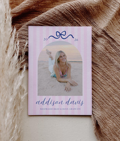 Pink Stripe Graduation Invitation Template with Photo | Navy Bow Graduation Party Invite | Preppy Grad Announcement | Canva Template