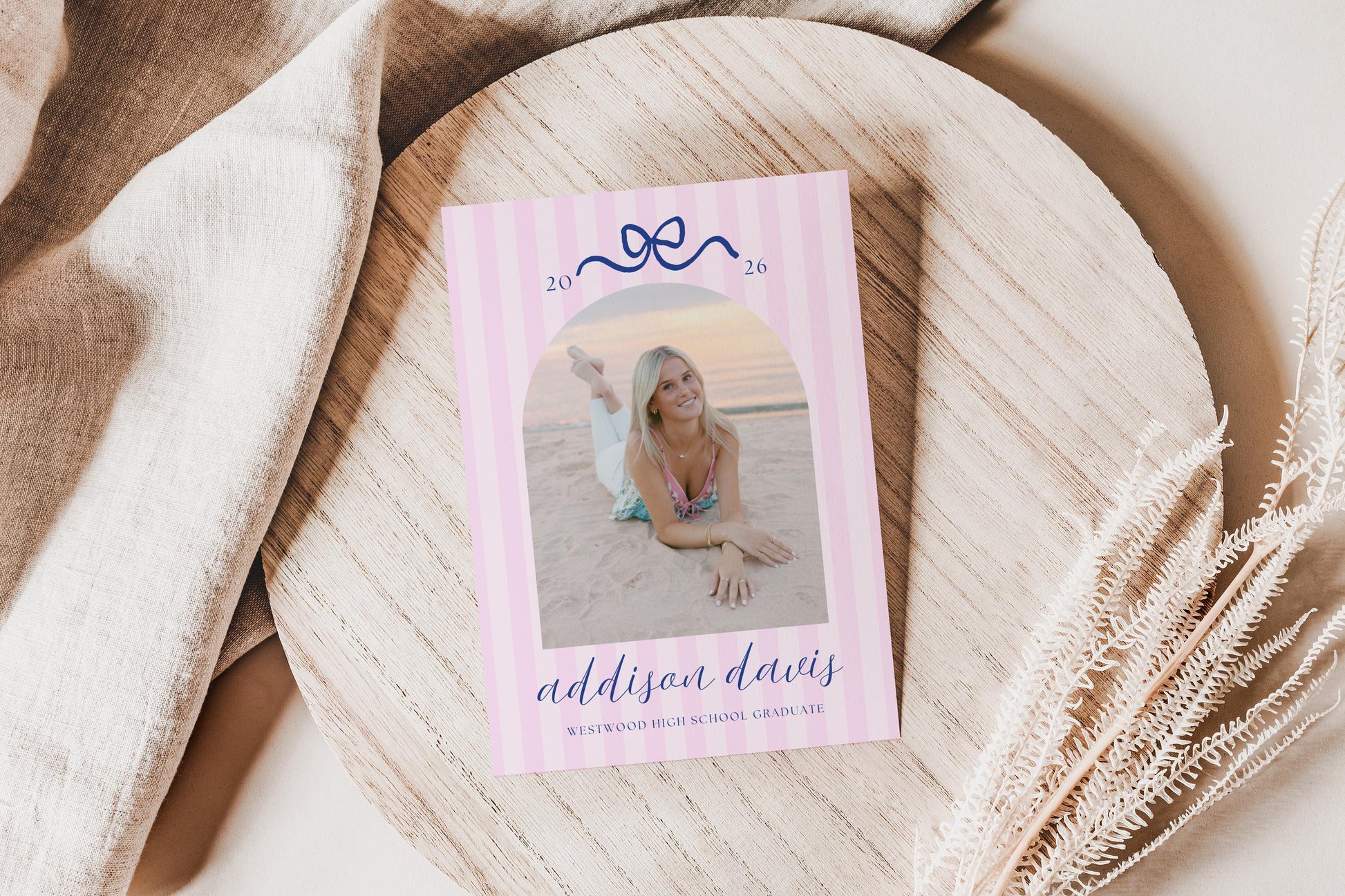 Pink Stripe Graduation Invitation Template with Photo | Navy Bow Graduation Party Invite | Preppy Grad Announcement | Canva Template
