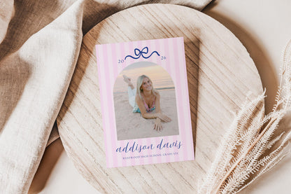 Pink Stripe Graduation Invitation Template with Photo | Navy Bow Graduation Party Invite | Preppy Grad Announcement | Canva Template