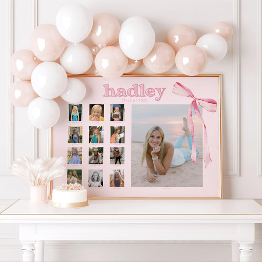 Pink Bow Photo Board for Graduation Party, K-12 School Picture Display Sign, Senior Night Memory Board, Aesthetic Decor, CANVA Template