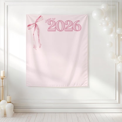 Pink Bow Graduation Backdrop, Class of 2026 Fabric Banner, Preppy Grad Party Decor, Coquette Grad Photo Booth Sign, Pink Ribbon Tapestry