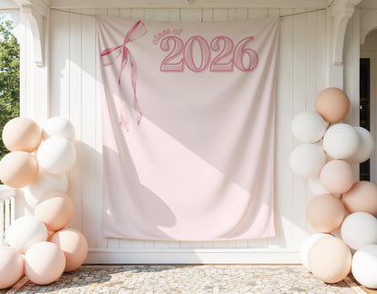 Pink Bow Graduation Backdrop, Class of 2026 Fabric Banner, Preppy Grad Party Decor, Coquette Grad Photo Booth Sign, Pink Ribbon Tapestry