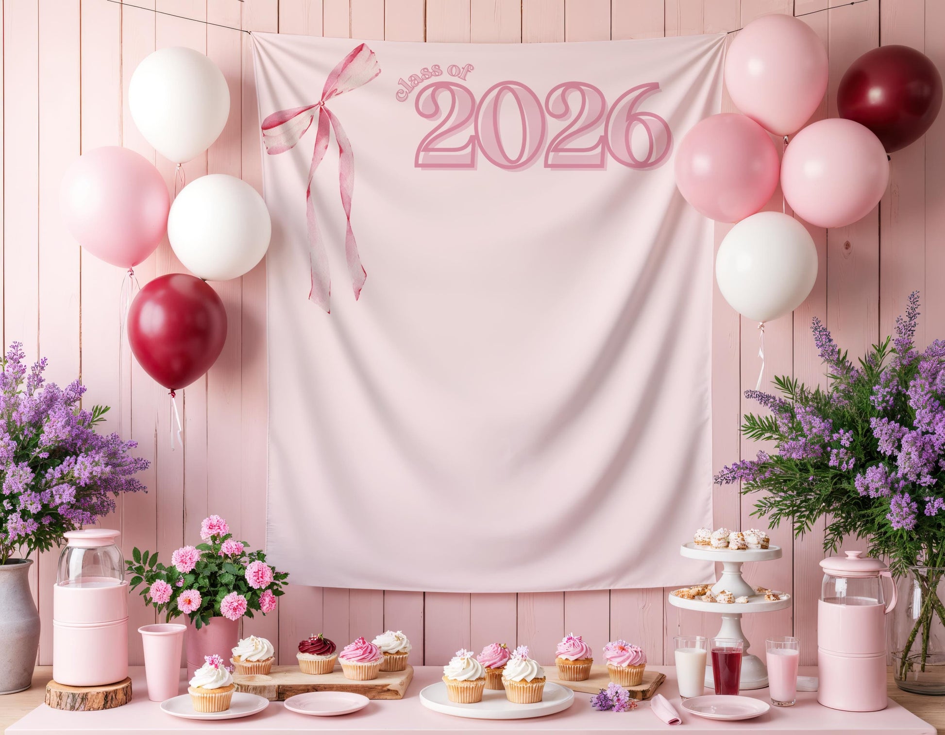 Pink Bow Graduation Backdrop, Class of 2026 Fabric Banner, Preppy Grad Party Decor, Coquette Grad Photo Booth Sign, Pink Ribbon Tapestry