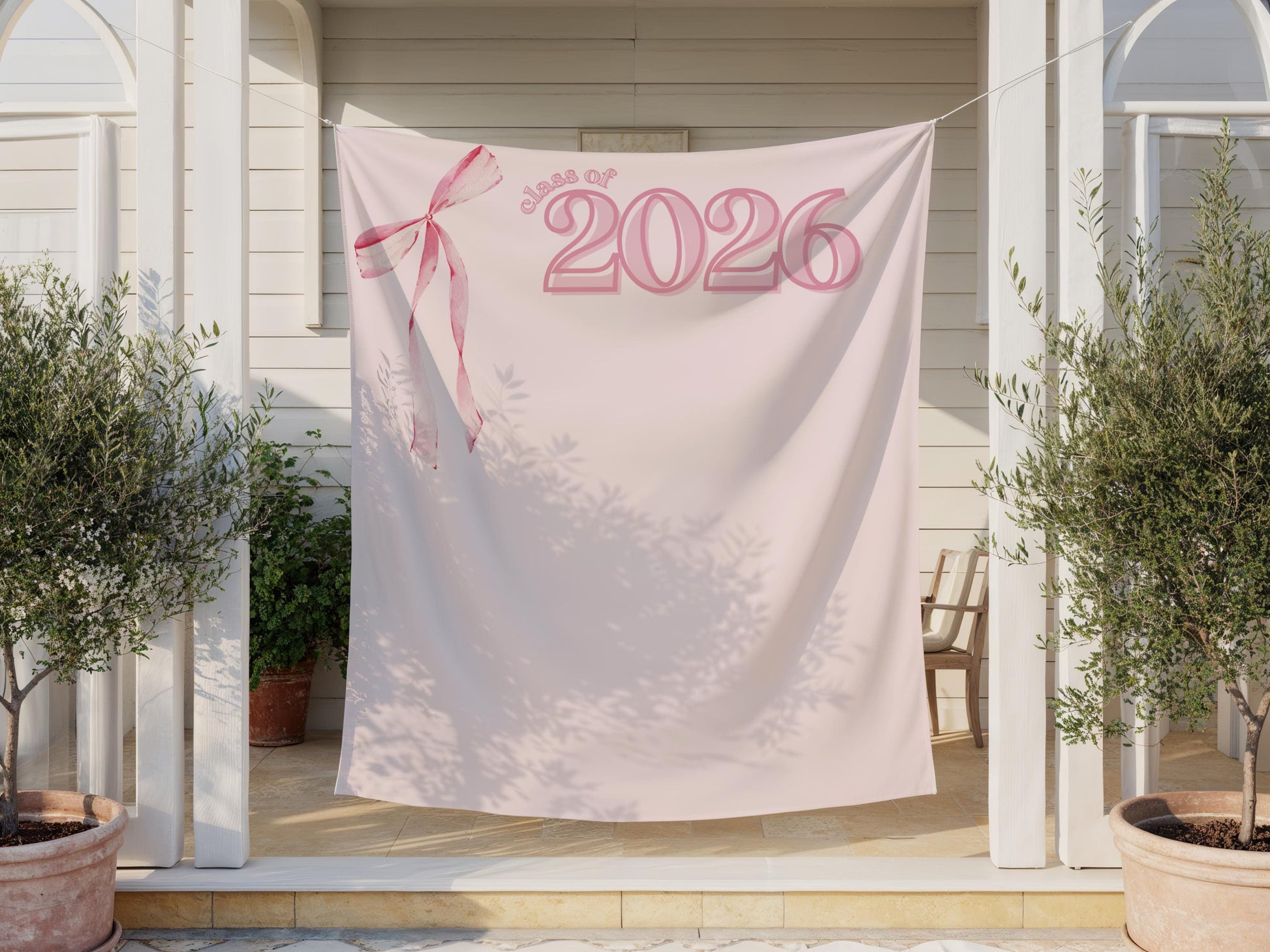 Pink Bow Graduation Backdrop, Class of 2026 Fabric Banner, Preppy Grad Party Decor, Coquette Grad Photo Booth Sign, Pink Ribbon Tapestry