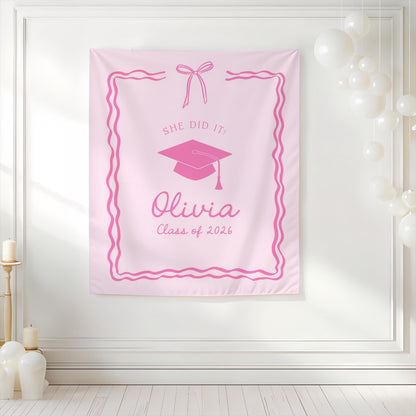 Pink Graduation Party Backdrop | She Did It Banner | Personalized Girly Bow Tapestry Decor