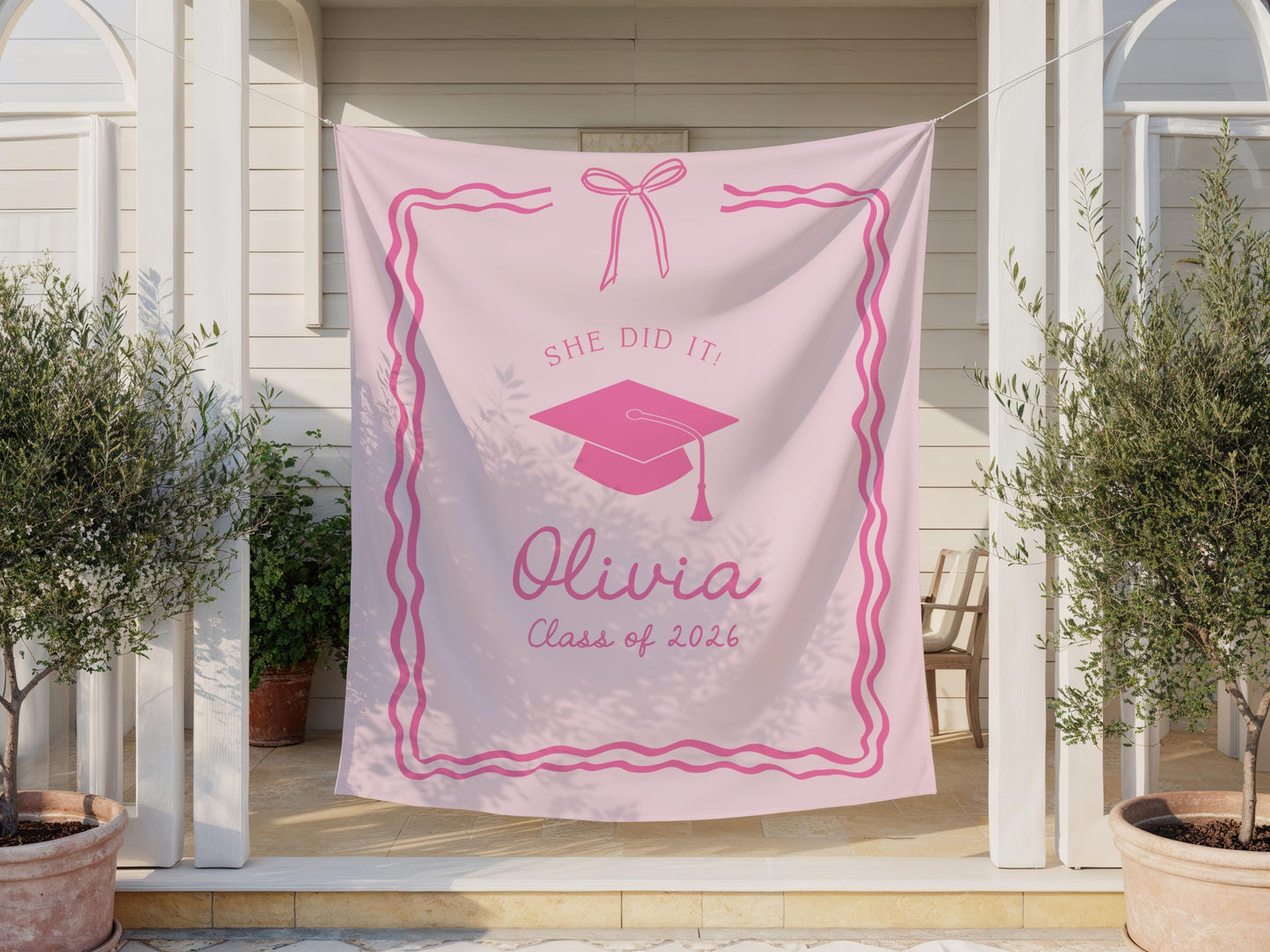 Pink Graduation Party Backdrop | She Did It Banner | Personalized Girly Bow Tapestry Decor