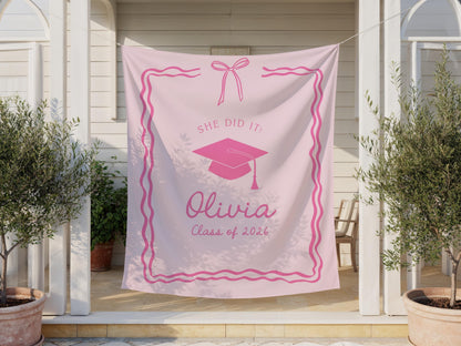 Pink Graduation Party Backdrop | She Did It Banner | Personalized Girly Bow Tapestry Decor