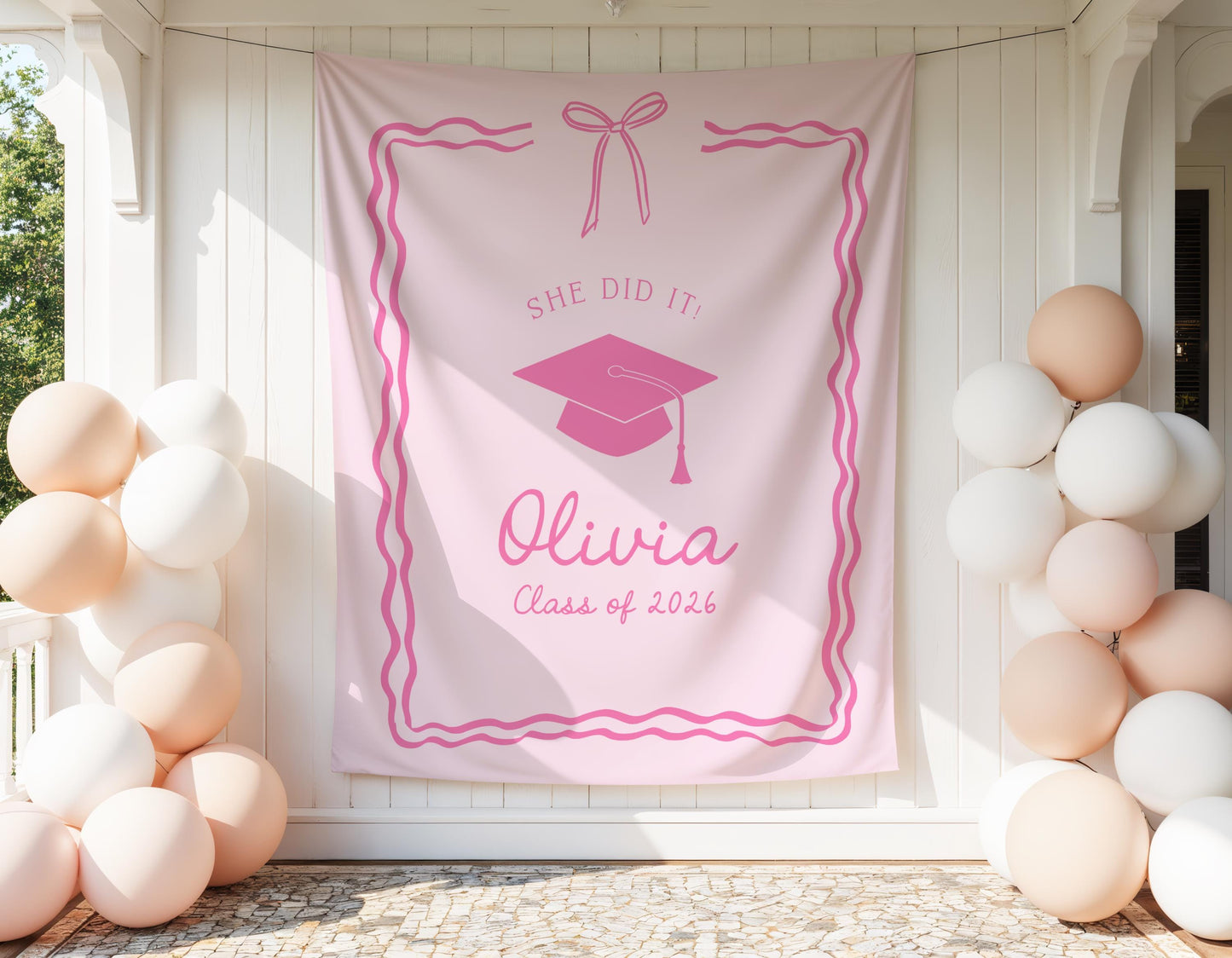 Pink Graduation Party Backdrop | She Did It Banner | Personalized Girly Bow Tapestry Decor