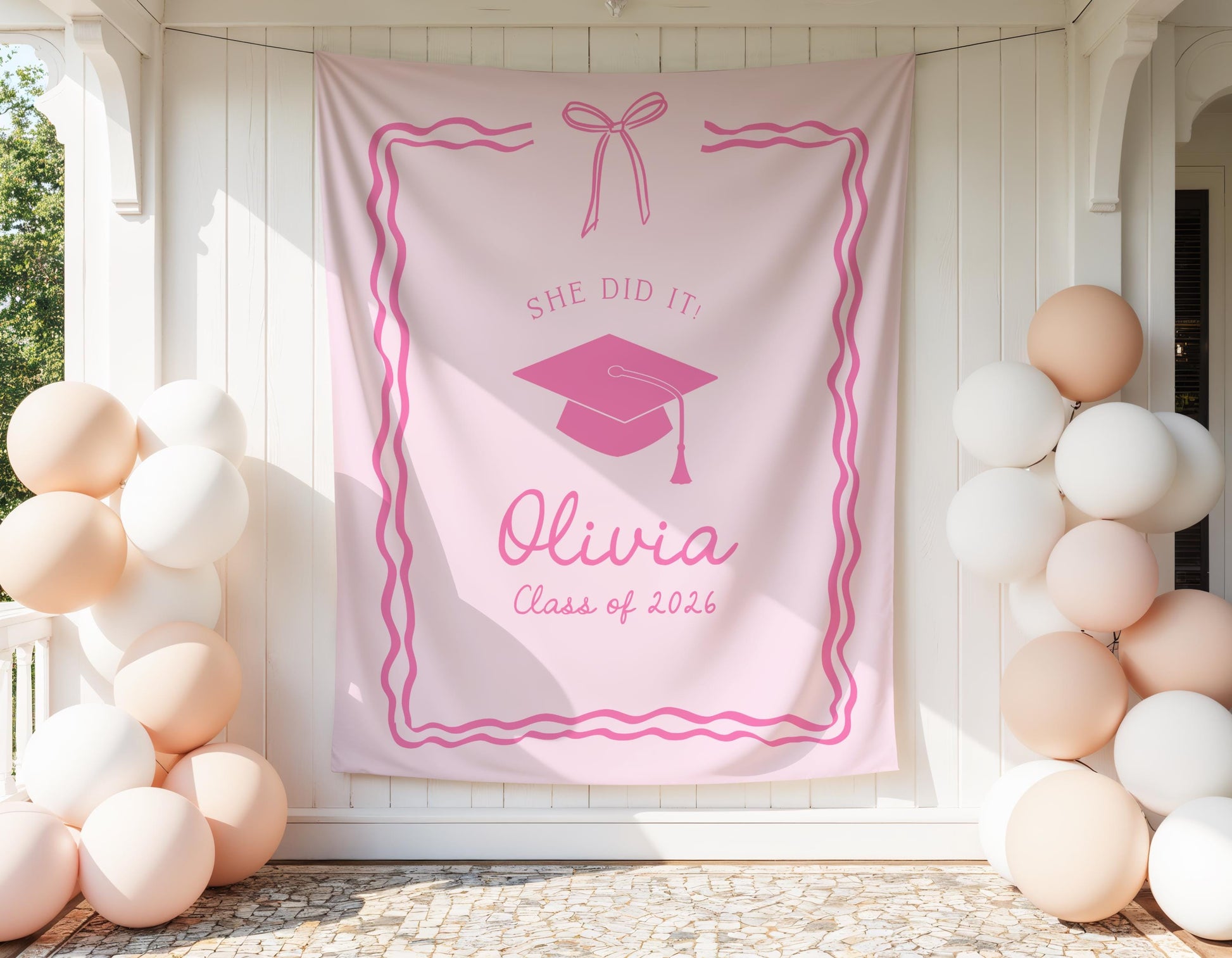 Pink Graduation Party Backdrop | She Did It Banner | Personalized Girly Bow Tapestry Decor