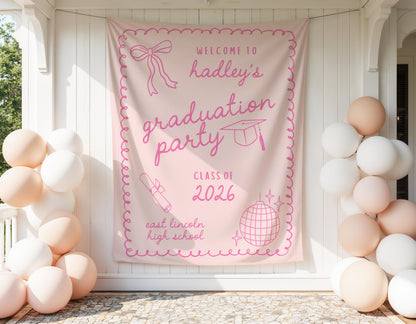 Pink Graduation Party Backdrop | She Did It Banner | Personalized Girly Bow Tapestry Decor