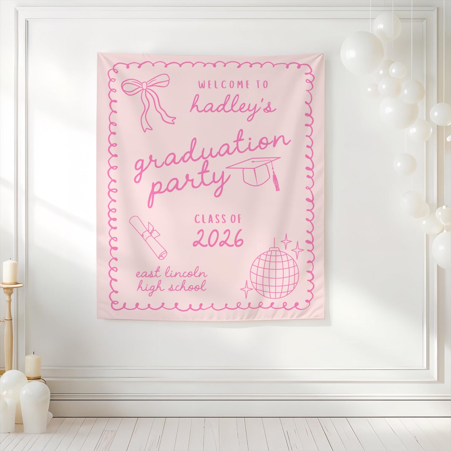 Pink Graduation Party Backdrop | She Did It Banner | Personalized Girly Bow Tapestry Decor