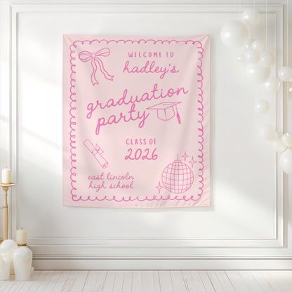 Pink Graduation Party Backdrop | She Did It Banner | Personalized Girly Bow Tapestry Decor