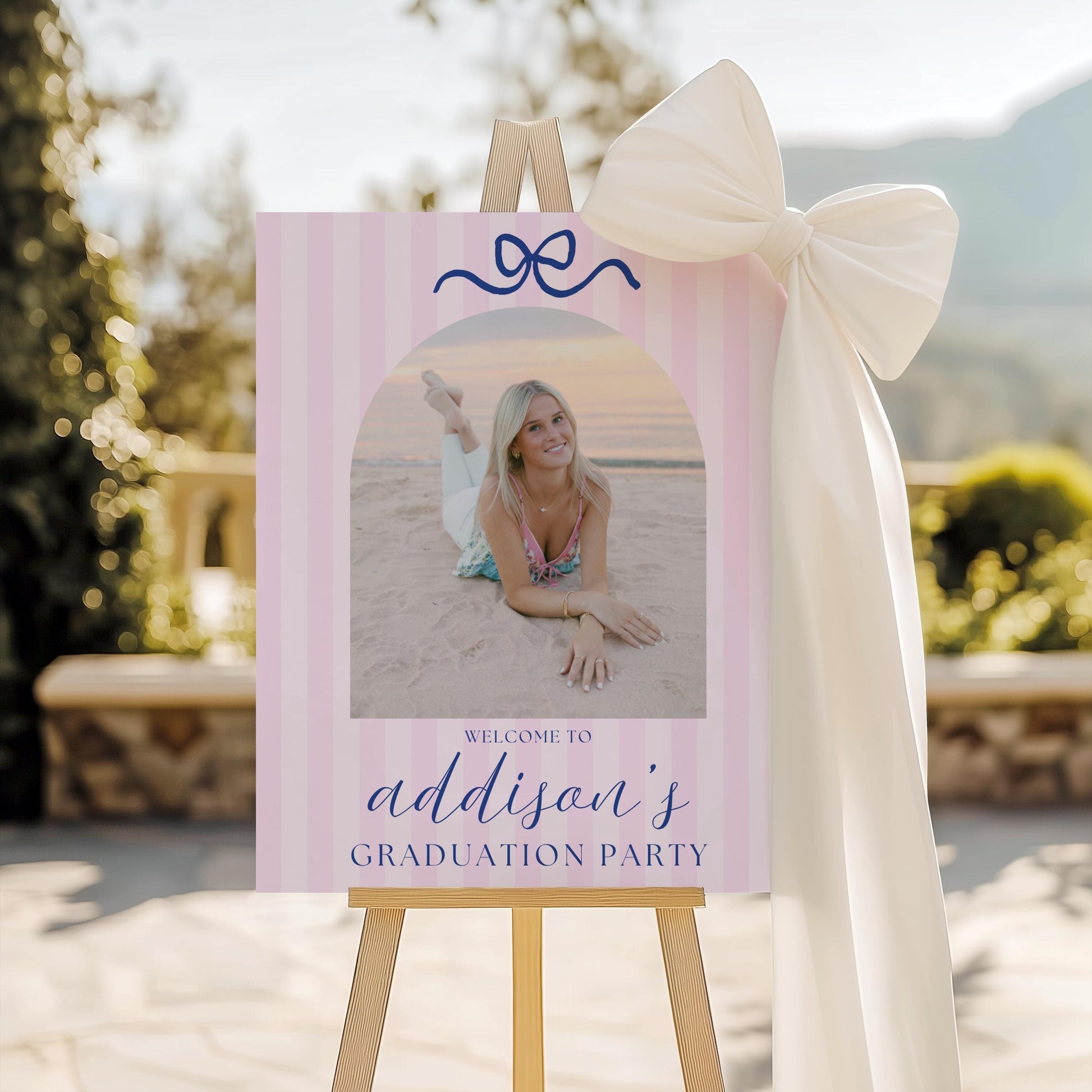 Gift the Grad QR Code Sign | Pink Navy Bow Graduation Party Decor | Preppy Graduation Gift Table | Editable Canva Template