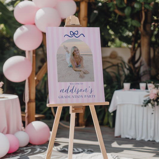 Pink Navy Bow Graduation Welcome Sign, Editable Canva Template, Arch Photo Preppy Aesthetic Party Decor