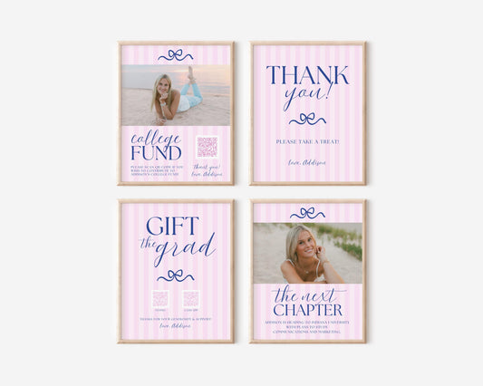 Pink Navy Bow Graduation Party Sign Set | Preppy College Fund Canva Template | Next Chapter Sign | Gift the Grad QR Code Sign