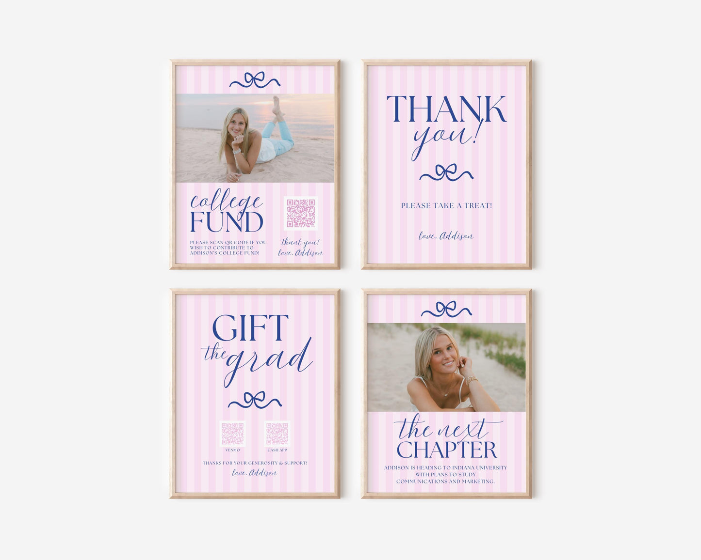 Gift the Grad QR Code Sign | Pink Navy Bow Graduation Party Decor | Preppy Graduation Gift Table | Editable Canva Template