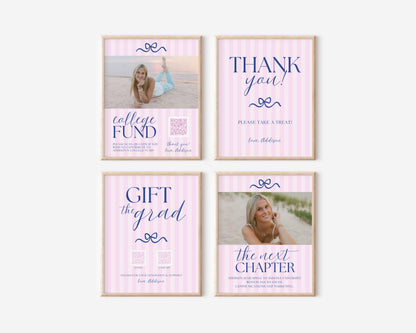 Gift the Grad QR Code Sign | Pink Navy Bow Graduation Party Decor | Preppy Graduation Gift Table | Editable Canva Template