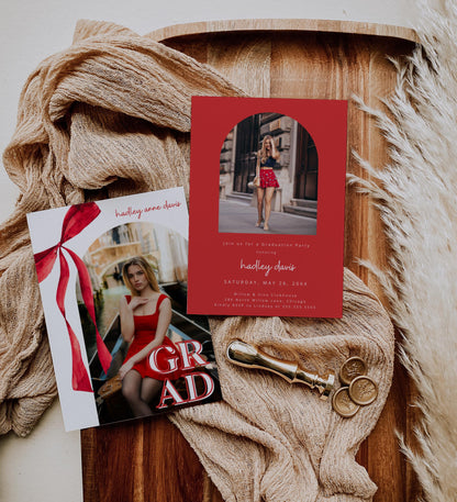 Red Bow Graduation Invitation, Canva Template, Editable Girly Grad Party Invite, Red Coquette Bow, Aesthetic Senior Announcement Photo
