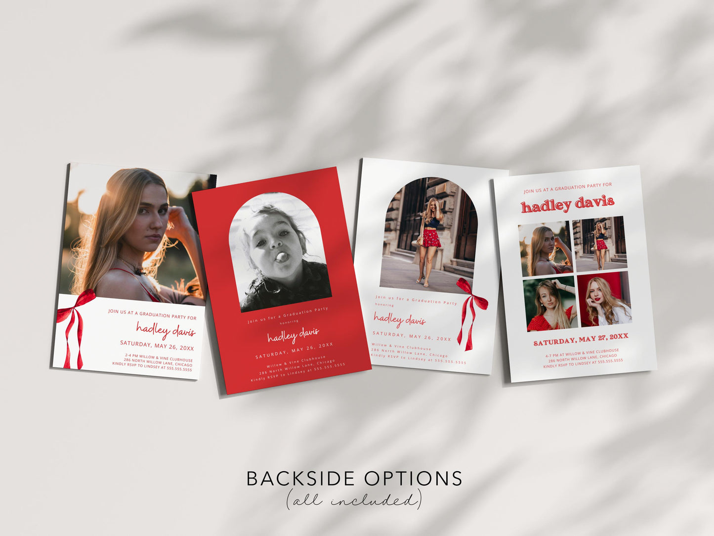 Red Bow Graduation Invitation, Canva Template, Editable Girly Grad Party Invite, Red Coquette Bow, Aesthetic Senior Announcement Photo