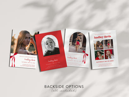 Red Bow Graduation Invitation, Canva Template, Editable Girly Grad Party Invite, Red Coquette Bow, Aesthetic Senior Announcement Photo