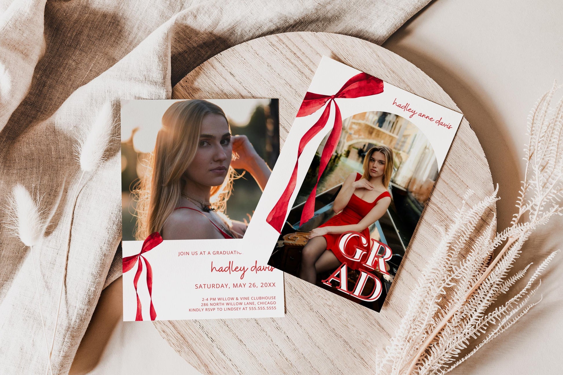 Red Bow Graduation Invitation, Canva Template, Editable Girly Grad Party Invite, Red Coquette Bow, Aesthetic Senior Announcement Photo