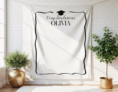 Personalized Graduation Party Backdrop | Minimalist Black and White Banner | Congratulations Photo Booth Sign | Grad Party Decor - ANY COLOR