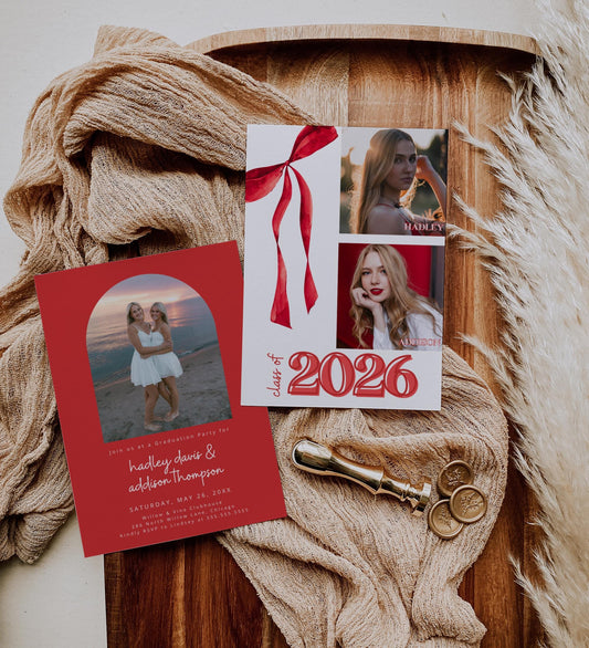 Joint Graduation Party Invitation Red Bow - Two Person Grad Party Invite - Sisters, Friends, CANVA Template | Girly Grad Photo Party Invite